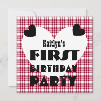 Erster Geburtstag 1 Jahr Alte Herzen Maroon Karier Einladung