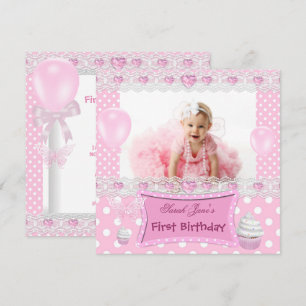 Erster Geburtstag 1. Mädchen Rosa Baby Polka Punkt Einladung