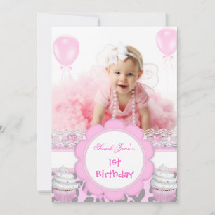 Erster Geburtstag 1. Mädchen Rosa Cupcakes Baby Le Einladung