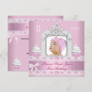 Erster Geburtstag 1. Mädchen Rosa Prinzessin Diade Einladung