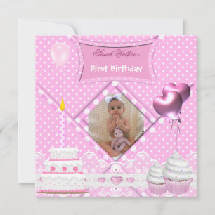 Erster Geburtstag 1. Mädchen Spot Pinker Cupcake-K Einladung