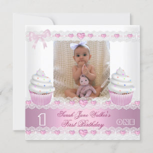 Erster Geburtstag 1. Mädchen Weiß Rosa Cupcake Bab Einladung