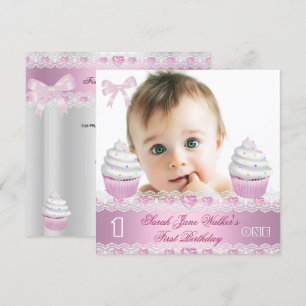 Erster Geburtstag 1. Mädchen Weiß Rosa Cupcake Bab Einladung