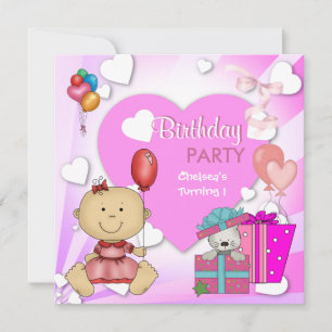 Erster Geburtstag 1. Party Süße Rosa Herzen Mädche Einladung