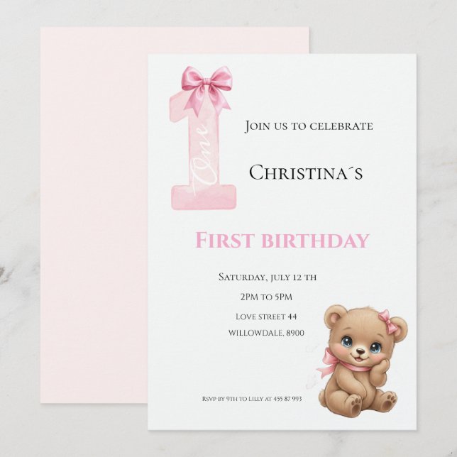 Erster Geburtstag Baby Mädchen Einladung (Vorne/Hinten)