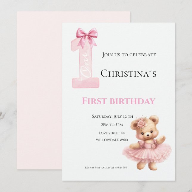 Erster Geburtstag Baby Mädchen Einladung (Vorne/Hinten)
