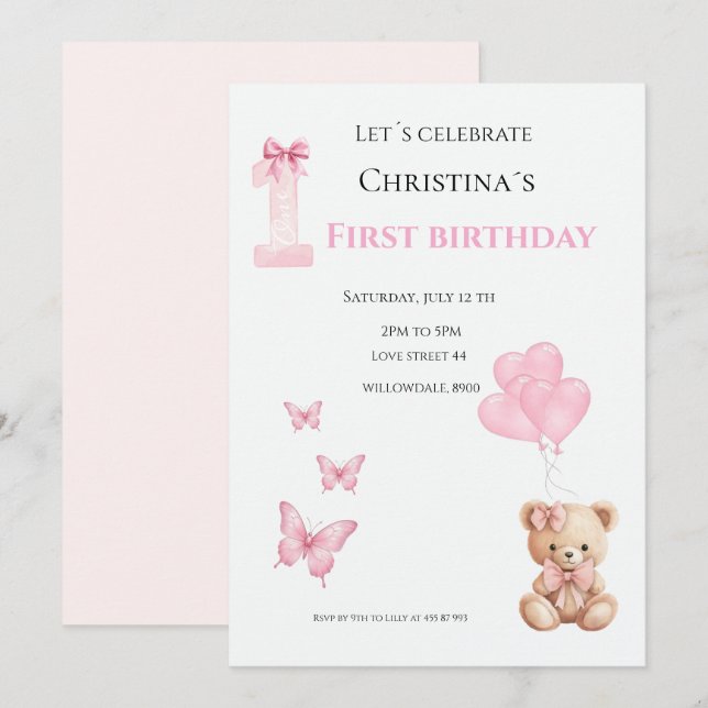 Erster Geburtstag Baby Mädchen Einladung (Vorne/Hinten)