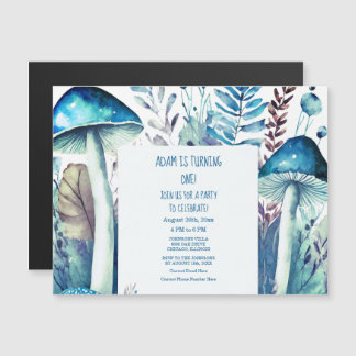 Erster Geburtstag Blue White Mushroom Woods Party Magneteinladung