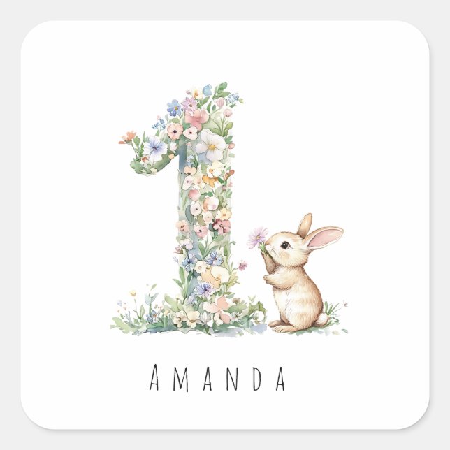 Erster Geburtstag Blumenhase Quadratischer Aufkleber (Vorderseite)