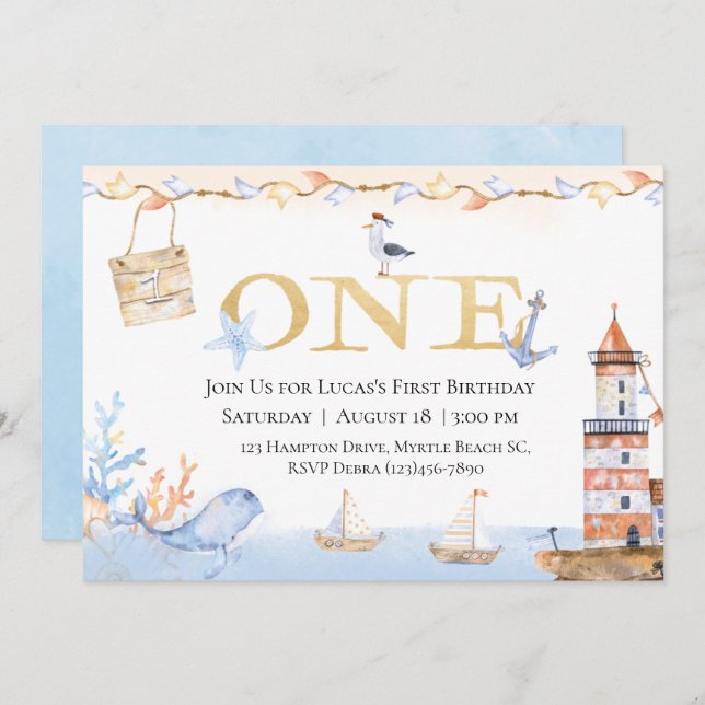 Erster Geburtstag Boys Nautical Blue Lighthouse (Vorne/Hinten)