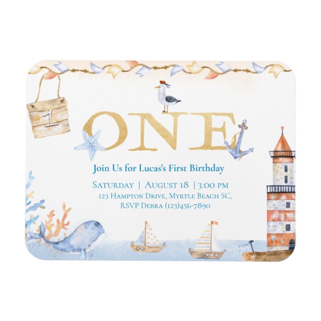 Erster Geburtstag Boys Nautical Blue Lighthouse Magnet (Horizontal)