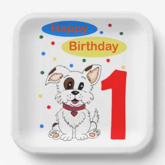 Erster Geburtstag des Kindes Süßer Welpe und Bunte Pappteller