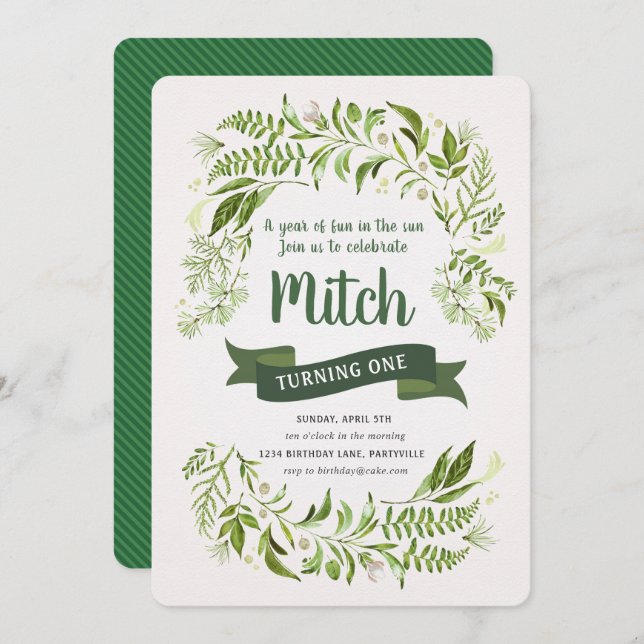 Erster Geburtstag Einladung Grün Banner Natur (Vorne/Hinten)