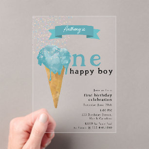 Erster Geburtstag Eins Happy Blue Ice Creme Acryleinladungen