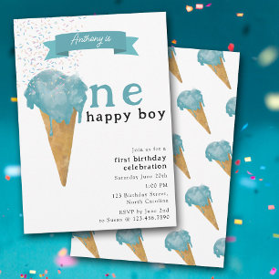 Erster Geburtstag Eins Happy Blue Ice Creme Einladung