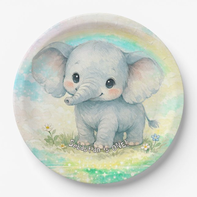 Erster Geburtstag Elefant Regenbogen Rosa Pastell  Pappteller (Vorderseite)