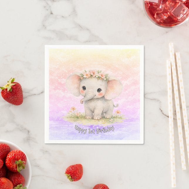 Erster Geburtstag Elefant Regenbogen Rosa Pastell  Serviette (Beispiel)