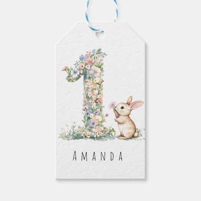 Erster Geburtstag Floral Hase Geschenkanhänger (Vorderseite)