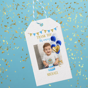Erster Geburtstag Foto Junge Blau Gold Ballon Süß Geschenkanhänger