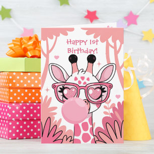 Erster Geburtstag Giraffe Rosa Blase Süß Lustig Karte