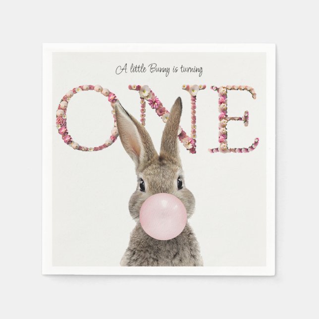 Erster Geburtstag Hase bläst rosa Kaugummi-Blase Serviette (Vorderseite)