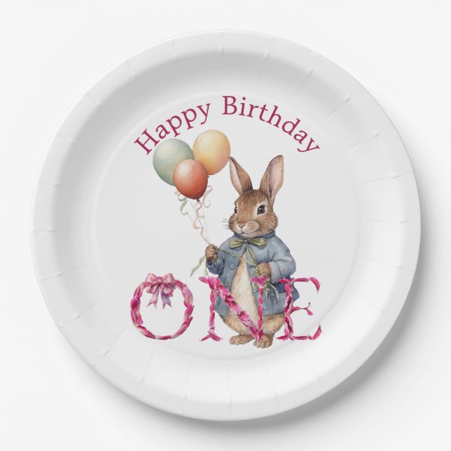 Erster Geburtstag Hase Farbige Ballons Pappteller (Vorderseite)
