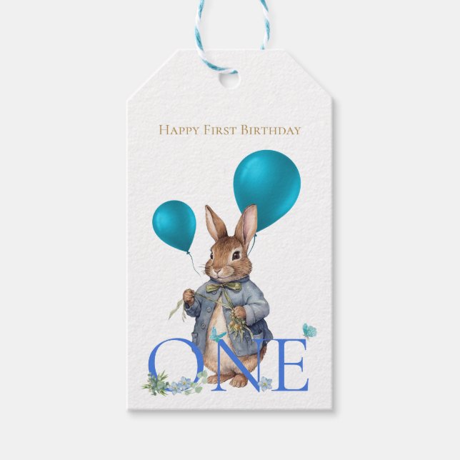 Erster Geburtstag Hasen Ballons Nummer Eins Geschenkanhänger (Vorderseite)