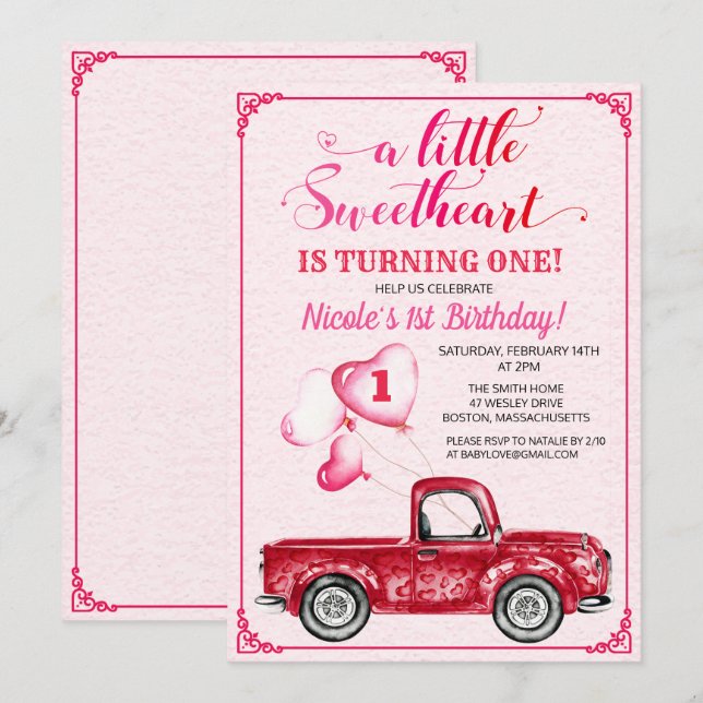 Erster Geburtstag Herz Ballon Red Truck Einladung (Vorne/Hinten)
