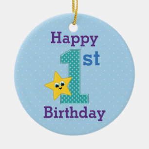 Erster Geburtstag Junge, Blau mit gelbem Stern Keramik Ornament