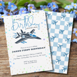 Erster Geburtstag Junge Jet Fighter Flugzeug Blau Einladung