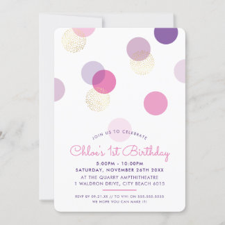 ERSTER GEBURTSTAG Konfetti Flecken rosa lila Gold Einladung