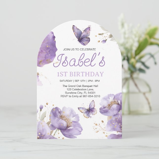 Erster Geburtstag, Lila und goldene Blume Schmette Einladung (Stehend Vorderseite)