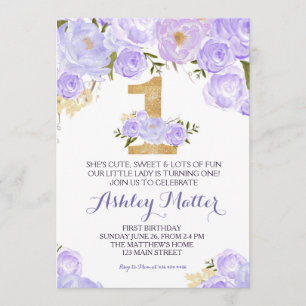 Erster Geburtstag lila Watercolor Blumeneinladung Einladung