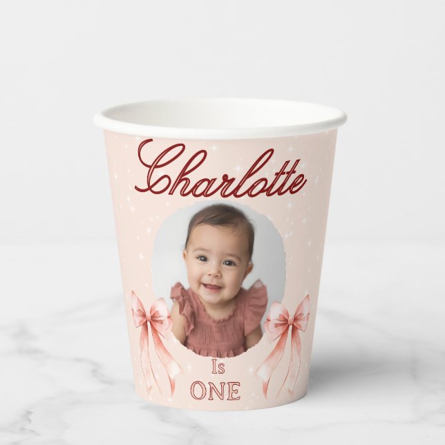 Erster Geburtstag mit rosa Schleife! Pappbecher (Vorderseite)