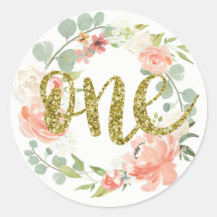 Erster Geburtstag Pink Gold Blumenkranz Aufkleber