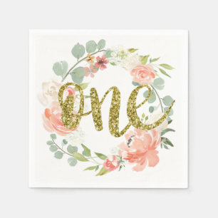 Erster Geburtstag Pink Gold Floral Wreath Napoleon Serviette