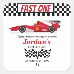 Erster Geburtstag Red Race Car Fast One Quadratischer Aufkleber