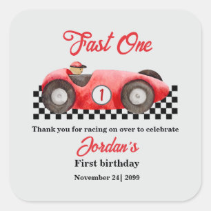 Erster Geburtstag Red Race Car Fast One Quadratischer Aufkleber