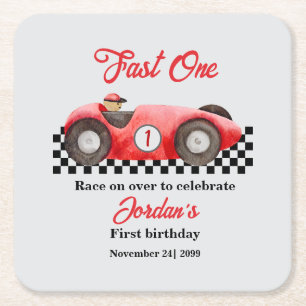 Erster Geburtstag Rotes Rennwagen Fast One Rechteckiger Pappuntersetzer