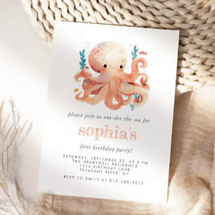 Erster Geburtstag Süße Wasserfarbe Orange Oktopus Einladung