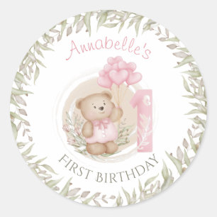 Erster Geburtstag Süßer Teddybär mit Ballons Runder Aufkleber