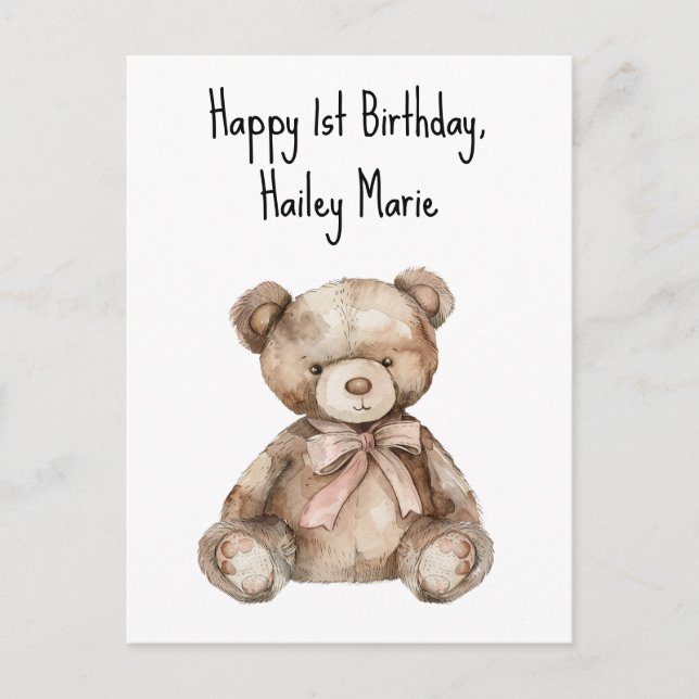 Erster Geburtstag Teddy Bär Personalisiert Postkarte (Vorderseite)