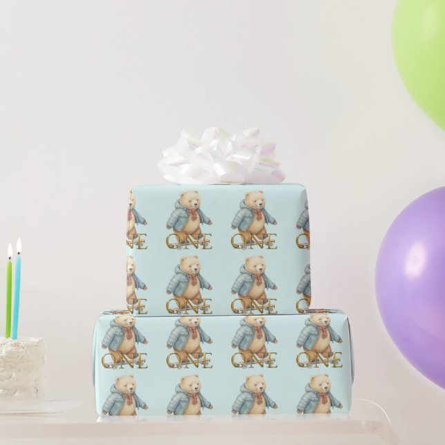 Erster Geburtstag Teddybär fährt Skateboard Geschenkpapier (Partygeschenke)