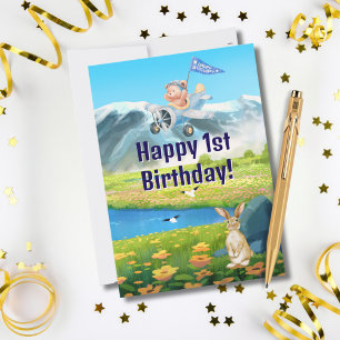 Erster Geburtstag Teddybär Flugzeug Berge Junge Feiertagskarte