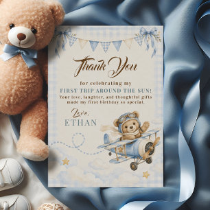 Erster Geburtstag Teddybär Flugzeug Blau Gingham Dankeskarte