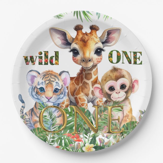 Erster Geburtstag Tiger Giraffe Affe Wilder Eins Pappteller (Vorderseite)