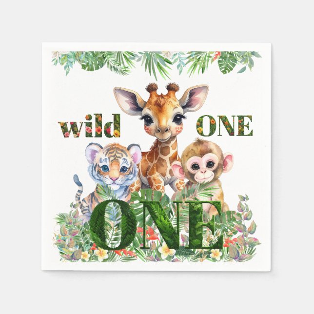 Erster Geburtstag Tiger Giraffe Affe Wilder Eins Serviette (Vorderseite)