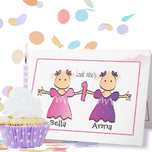 Erster Geburtstag Twin Girl Cartoon Sweet Niedlich Karte