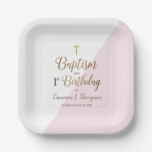 Erster Geburtstag und Taufe Rosa Gold Kreuz Custom Pappteller
