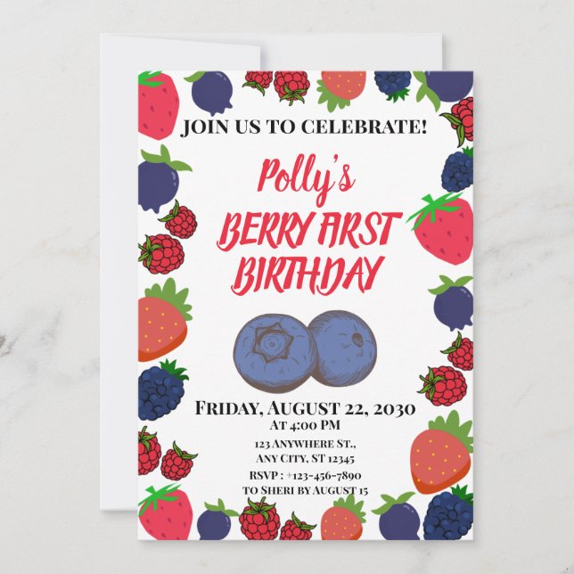 Erster Geburtstag von Berry Einladung (Vorderseite)